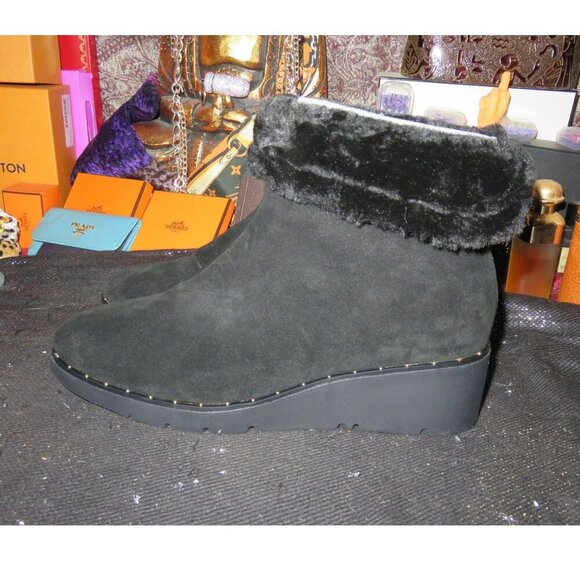 Steven by Steve Madden Bingo Black Suede Leather Fur Collared wedge boots sz 9.5 - Picture 1 of 9